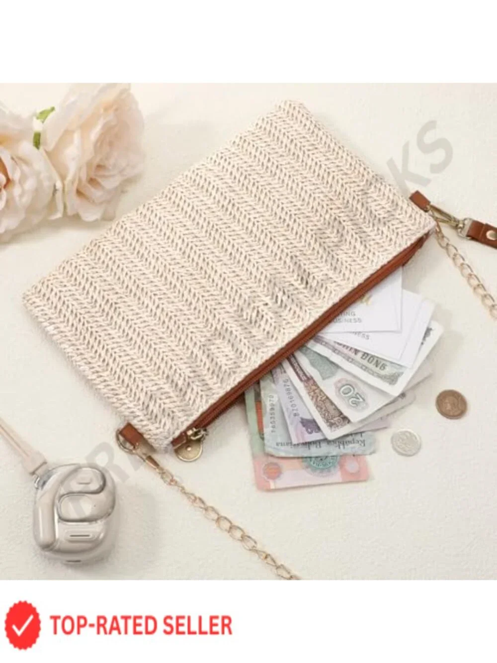 Hand-Woven Straw Clutch Wristlet Bag for Women Bohemian Travel Beach Purse
